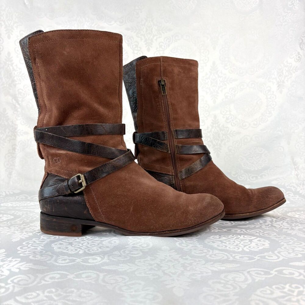 Ugg Ankle Boots Brown Leather Suede Sheepskin Zip Slouchy Moto Boho Chic Size 8
